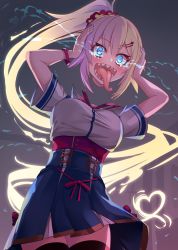Rule 34 | 1girl, absurdres, akai haato, akai haato (1st costume), blonde hair, blue eyes, blush, bow, commentary request, dullahan, fangs, flaming eyes, heart, heart-shaped pupils, highres, holding, holding head, hololive, long tongue, official alternate hairstyle, ponytail, simple background, solo, symbol-shaped pupils, thighhighs, tongue, tongue out, virtual youtuber, yoshiheihe