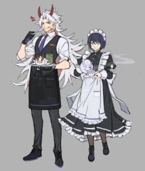 Rule 34 | 1boy, 1girl, alternate costume, apron, arataki itto, black dress, black hair, black legwear, black vest, breasts, cup, dress, facepaint, frilled apron, frilled dress, frills, full body, genshin impact, gloves, grey background, highres, holding, horns, kujou sara, long hair, long sleeves, maid headdress, multicolored hair, necktie, pants, papajay (jennygin2), pointy ears, pouring, purple necktie, red eyes, red hair, shirt, short hair, simple background, standing, symbol-only commentary, teacup, teapot, tray, vest, white apron, white shirt, yellow eyes