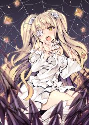 Rule 34 | 1girl, bare shoulders, blonde hair, blush, breasts, criss-cross halter, detached collar, detached sleeves, dress, eyepatch, flower, frilled sleeves, frills, halterneck, highres, kirakishou, long hair, looking at viewer, medium breasts, open mouth, pink hair, rozen maiden, silk, solo, spider web, tears, thighs, tousen, twintails, very long hair, wavy hair, white dress, yellow eyes