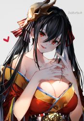 Rule 34 | 1girl, absurdres, azur lane, bare shoulders, black hair, blush, breasts, cleavage, collarbone, commentary request, dated, dress, grey background, hair between eyes, hair ornament, hair ribbon, head tilt, heart, highres, japanese clothes, large breasts, long hair, looking at viewer, parted lips, red dress, red eyes, ribbon, simple background, smile, solo, string, string of fate, taihou (azur lane), twintails, umibouzu (niito), wide sleeves