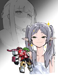 Rule 34 | 2girls, absurdres, anachronism, blue archive, crossover, disappointed, earrings, elf, fern (sousou no frieren), frieren, grey hair, highres, holding, holding toy, jewelry, kaiten fx mk.0 (blue archive), looking at another, mecha, meme, multiple girls, piter3477, pointy ears, robot, smile, sousou no frieren, sparkle, toy, toy robot, you can just give this kind of thing to men and they will be thrilled (meme)