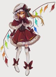 Rule 34 | 1girl, adapted costume, ankle bow, ankle ribbon, blonde hair, bow, brown corset, capelet, closed mouth, commentary request, corset, crystal wings, dress, flandre scarlet, full body, fur-trimmed capelet, fur-trimmed dress, fur trim, hair between eyes, hat, hat bow, highres, hua88331, long sleeves, looking at viewer, medium hair, mob cap, red bow, red capelet, red dress, red eyes, red ribbon, ribbon, simple background, smile, solo, thighhighs, touhou, white background, wings