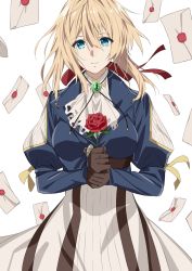 Rule 34 | 1girl, akusema, bad id, bad pixiv id, blonde hair, blue eyes, flower, gloves, hair intakes, hair ribbon, highres, jewelry, letter, ribbon, rose, smile, solo, tagme, violet evergarden, violet evergarden (series), wax seal