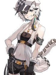 Rule 34 | 1girl, animal ear fluff, animal ears, arknights, armband, bandeau, bare shoulders, belt, black bandeau, black gloves, black hair, black shorts, breasts, cabbie hat, checkered clothes, checkered headwear, cliffheart (arknights), collarbone, commentary, cowboy shot, crossed bangs, gloves, grey eyes, groin, hair between eyes, hand on own hip, hat, highres, jewelry, leopard ears, leopard tail, looking at viewer, midriff, multicolored hair, navel, necklace, short hair, short shorts, shorts, sidelocks, silver hair, simple background, sleeveless duster, small breasts, smile, solo, streaked hair, tail, taut clothes, underbust, white background, white belt, white hat, ziu