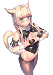 Rule 34 | 1girl, animal ears, aqua eyes, aruma jiki, black panties, blonde hair, blush, bow, breasts, bustier, cat ears, cat tail, detached sleeves, final fantasy, final fantasy xiv, from above, heart, heart-shaped pupils, long hair, looking at viewer, looking up, medium breasts, midriff, miqo&#039;te, panties, pantyhose, smile, solo, symbol-shaped pupils, tail, underwear, white background, wrist cuffs