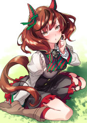 Rule 34 | 1girl, animal ears, black dress, blush, boots, bow, brown eyes, brown hair, dress, ear covers, ear ribbon, frilled dress, frills, green bow, horse ears, horse girl, horse tail, juliet sleeves, long hair, long sleeves, looking at viewer, multicolored hair, neckerchief, nice nature (umamusume), open mouth, puffy sleeves, saeki shun, sitting, solo, streaked hair, swept bangs, tail, thigh strap, twintails, umamusume, wariza