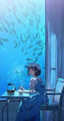 Rule 34 | 1girl, agas (vpwt7475), black hair, blue eyes, blunt bangs, blunt ends, chair, coffee pot, dress, fish, highres, long skirt, open mouth, original, short hair, short sleeves, sitting, skirt, solo, table