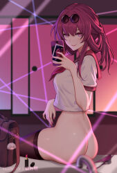 1girl alternate_costume ass bag bathroom black_thighhighs bottomless breasts cellphone commentary cosmetics crop_top crop_top_overhang faucet grin handbag hashtag-only_commentary highres honkai:_star_rail honkai_(series) kafka_(honkai:_star_rail) lifting_own_clothes lipstick_tube medium_breasts paid_reward_available panties parted_lips phone purple_eyes purple_hair purple_nails sailor_collar school_uniform selfie serafuku shirt sink sitting smartphone smile solo thighhighs thighs underwear unworn_panties white_shirt yunkaiming