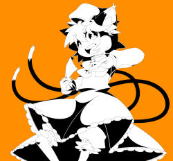 Rule 34 | 1girl, animal ears, bloomers, cat ears, cat girl, cat tail, chen, eyebrows, female focus, fingernails, food, fruit, hat, high contrast, looking at viewer, monochrome, multiple tails, mzh, open mouth, orange (fruit), orange background, short hair, skirt, solo, spelltag, spot color, tail, touhou, underwear