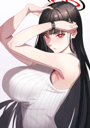 Rule 34 | absurdres, armpit crease, arms up, black hair, blue archive, breasts, commentary, halo, hand in own hair, highres, large breasts, long hair, looking at viewer, parted lips, red eyes, ribbed sweater, rio (blue archive), simple background, sleeveless, sleeveless sweater, sweater, very long hair, wakusei-planet, watch, white background, white sweater