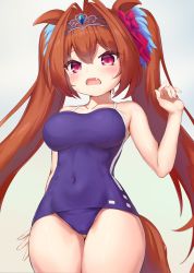 Rule 34 | animal ears, bare arms, bow, breasts, brown hair, covered navel, cowboy shot, daiwa scarlet (umamusume), embarrassed, fang, from below, furrowed brow, hair between eyes, hair bow, hair intakes, hand up, highres, impossible clothes, large breasts, long hair, open mouth, orisu atto, red bow, red eyes, school swimsuit, simple background, standing, sweatdrop, swimsuit, tail, tiara, twintails, umamusume, very long hair