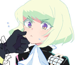 Rule 34 | 2boys, :t, angry, ascot, black gloves, black jacket, blonde hair, blush, cheek pinching, colored eyelashes, commentary request, flying sweatdrops, galo thymos, gloves, hand on another&#039;s cheek, hand on another&#039;s face, highres, holding another&#039;s wrist, jacket, lio fotia, male focus, multiple boys, out of frame, pinching, pout, promare, purple eyes, short hair, simple background, solo focus, sweatdrop, trap, tyooka3244, v-shaped eyebrows, white ascot, white background