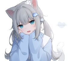 Rule 34 | 1girl, :d, amashiro natsuki, animal ear fluff, animal ears, blue eyes, blue jacket, blush, cat ears, cat girl, cat tail, character name, commentary request, fang, grey hair, hair between eyes, hair ornament, hands up, heart, indie virtual youtuber, jacket, long hair, long sleeves, looking at viewer, low twintails, nachoneko, open mouth, puffy long sleeves, puffy sleeves, simple background, smile, solo, tail, twintails, upper body, very long hair, virtual youtuber, white background