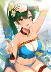 Rule 34 | 1girl, absurdres, arm up, bikini, blue bikini, blush, breasts, cleavage, collarbone, earrings, fire emblem, fire emblem: the blazing blade, fire emblem heroes, flower, green eyes, green hair, groin, hair between eyes, hair flower, hair ornament, hand fan, highres, holding, jewelry, large breasts, long hair, looking at viewer, lyn (fire emblem), lyn (summer) (fire emblem), navel, necklace, nintendo, official alternate costume, open mouth, ormille, paper fan, ponytail, sitting, smile, solo, stomach, strapless, strapless bikini, sweat, sweatdrop, swimsuit, thigh strap, very long hair