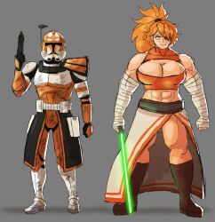 1boy 1girl abs armor bandages bare_shoulders blue_eyes boots breasts brown_boots closed_mouth colored_eyepatch commander_cody commentary energy_sword english_commentary eyepatch full_armor full_body green_lightsaber grey_background gun hair_tie helmet highres holding holding_gun holding_weapon jauntyweb knee_boots lightsaber long_hair looking_at_viewer may_the_4th muscular muscular_female navel one_eye_covered orange_hair orange_helmet original ponytail shadow simple_background standing star_wars sword weapon zess_(zesty_jesus)