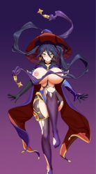 Rule 34 | absurdres, alternate breast size, breasts, genshin impact, hat, highres, kaioppai, large breasts, long hair, long legs, mona (genshin impact), solo, thick thighs, thighs, torn clothes, witch hat, wizard, wizard hat