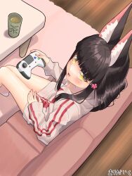 Rule 34 | 1girl, alternate costume, animal ear fluff, animal ears, azur lane, black hair, blush, carpet, controller, couch, fox ears, fox girl, from above, game controller, hair ornament, hairclip, highres, holding, holding controller, holding game controller, hood, hoodie, indoors, long hair, long sleeves, looking at viewer, looking up, marimo daifuku, nagato (azur lane), on couch, open mouth, red hoodie, sidelocks, signature, sitting, smile, solo, striped clothes, striped hoodie, table, white hoodie, wooden floor