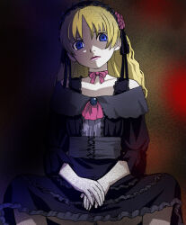 Rule 34 | 1girl, black background, black dress, black hairband, blonde hair, blue eyes, closed mouth, cossette d&#039;auvergne, cossette no shouzou, curtains, dress, flower, frilled hairband, frills, goth fashion, gothic lolita, hair flower, hair ornament, hairband, haruyama kazunori, lolita fashion, lolita hairband, long hair, looking at viewer, neck ribbon, red flower, red footwear, red ribbon, red rose, ribbon, rose, simple background, sitting, skirt, solo