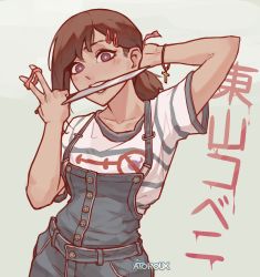 Rule 34 | 1girl, absurdres, alternate costume, artist name, atoroux, black hair, blush, bracelet, chainsaw man, cross, denim, hair ornament, hairclip, higashiyama kobeni, highres, holding, holding knife, holding weapon, jeans, jewelry, knife, knife in mouth, looking at viewer, mouth hold, pants, shirt, simple background, solo, strap, striped clothes, striped shirt, teeth, teeth hold, weapon, white background