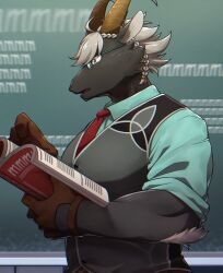Rule 34 | 1boy, animal ears, book, braid, brown gloves, chalkboard, commentary request, from side, furry, furry male, glasses, gloves, goat boy, goat ears, goat horns, green eyes, green shirt, grey vest, highres, horns, male focus, open book, open mouth, ponzu tas, profile, reading, shirt, sleeves rolled up, tanngrisnir (housamo), tokyo houkago summoners, upper body, vest, white hair