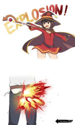 Rule 34 | &gt;:), 1boy, 1girl, :d, bad id, bad tumblr id, belt, breasts, brown hair, cape, casting spell, castration, collarbone, comic, commentary, crotch, dress, english commentary, english text, explosion, fingerless gloves, gloves, hat, highres, kono subarashii sekai ni shukufuku wo!, lower body, megumin, meme, open mouth, orb, outstretched arms, red dress, red eyes, satou kazuma, short hair, simple background, sinensian, small breasts, smile, staff, to be continued, white background, witch hat