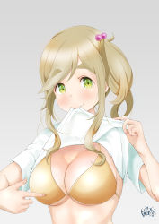 Rule 34 | 1girl, :&gt;, absurdres, bikini, blush, breasts, brown hair, closed mouth, clothes lift, commentary request, fang, fang out, gradient background, green eyes, grey background, hair bobbles, hair ornament, head tilt, highres, inuyama aoi, island lagoon, large breasts, lifting own clothes, long hair, looking at viewer, pointing, pointing at self, shirt, shirt lift, short sleeves, side ponytail, signature, simple background, solo, swimsuit, thick eyebrows, upper body, white shirt, yellow bikini, yurucamp