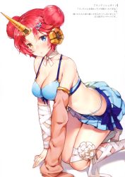Rule 34 | 1girl, absurdres, arm wrap, ayamy, bandaged arm, bandages, bikini, bikini skirt, blue bikini, blue eyes, blush, breasts, choker, cleavage, confetti, detached sleeves, double bun, fate/apocrypha, fate/grand order, fate (series), frankenstein&#039;s monster (fate), frankenstein&#039;s monster (swimsuit saber) (fate), frankenstein&#039;s monster (swimsuit saber) (second ascension) (fate), full body, hair bun, hair ornament, headgear, heterochromia, highres, horns, kneeling, large breasts, leg wrap, looking at viewer, open mouth, pink hair, pleated skirt, ribbon choker, scan, short hair, simple background, single detached sleeve, single horn, skirt, sleeves past wrists, solo, strap gap, swimsuit, white background, yellow eyes