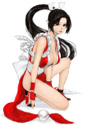 Rule 34 | 1girl, black eyes, black hair, breasts, cleavage, fatal fury, gloves, japanese clothes, kneeling, large breasts, legs, long hair, obi, on one knee, pelvic curtain, ponsuke (pon00000), ponytail, revealing clothes, revision, rope, sash, shiranui mai, simple background, snk, solo, the king of fighters