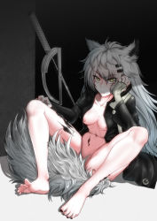 Rule 34 | 1girl, animal ears, arknights, barefoot, black jacket, black nails, breasts, coat, collarbone, commentary request, female focus, hair between eyes, hair ornament, hairclip, highres, jacket, lappland (arknights), long hair, long sleeves, looking at viewer, material growth, nail polish, naked coat, nipples, oripathy lesion (arknights), scar, scar across eye, scar on face, silver hair, solo, toes, wolf ears, yamauchi (conan-comy)