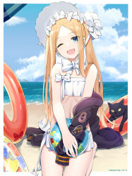 Rule 34 | 1girl, abigail williams (fate), abigail williams (swimsuit foreigner) (fate), abigail williams (swimsuit foreigner) (third ascension) (fate), absurdres, ball, bare shoulders, beach, beachball, bikini, black cat, black jacket, blonde hair, blue eyes, blush, bonnet, bow, breasts, cat, fate/grand order, fate (series), forehead, hair bow, highres, innertube, jacket, long hair, looking at viewer, makise minami, miniskirt, ocean, off shoulder, one eye closed, open clothes, open jacket, open mouth, parted bangs, seiza, shore, sidelocks, sitting, skirt, small breasts, smile, swim ring, swimsuit, thighs, twintails, very long hair, white bikini, white bow, white headwear