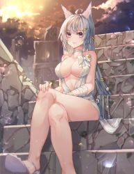 Rule 34 | 1girl, absurdres, ahoge, bandaged arm, bandages, bare shoulders, blush, bow, breasts, center opening, cleavage, closed mouth, cloud, cloudy sky, collarbone, commentary request, crossed legs, day, dress, eyelashes, fage, fingernails, flower, fox girl, grey choker, grey footwear, grey hair, hair flower, hair ornament, halterneck, hand on own knee, high heels, highres, large breasts, legs, long hair, looking at viewer, original, outdoors, purple eyes, sidelocks, sitting, sky, sleeveless, sleeveless dress, smile, solo, stairs, stone stairs, very long hair, white bow, white dress
