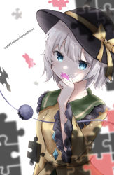 Rule 34 | 1girl, absurdres, bad id, bad pixiv id, blue eyes, blurry, covering own mouth, depth of field, hat, highres, hire (uret4788), holding, jigsaw puzzle, komeiji koishi, looking at viewer, programming, puzzle, short hair, silver hair, solo, third eye, touhou, upper body, wide sleeves