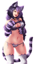 Rule 34 | 1girl, animal ear legwear, animal ears, animal hands, barbariank, bare shoulders, bell, black hair, bow, bra, breasts, cat cutout, cat ear legwear, cat ear panties, cat ears, cat lingerie, cat paws, cat tail, cheshire cat (monster girl encyclopedia), cleavage cutout, clothing cutout, collar, eyebrows, eyeliner, frilled bra, frills, fur, hair bow, hand on own chest, head tilt, highres, jingle bell, large breasts, looking at viewer, makeup, meme attire, monster girl, monster girl encyclopedia, multicolored hair, navel, neck bell, open mouth, panties, purple hair, side-tie panties, simple background, slit pupils, smile, solo, spaghetti strap, striped tail, tail, teeth, thighhighs, tongue, two-tone hair, underwear, underwear only, white background, white thighhighs, yellow eyes