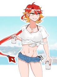 Rule 34 | 36rt, alternate costume, azur lane, beach, beer can, belly, bikini, bikini under clothes, black bikini, blurry, blurry background, blush, bra visible through clothes, breasts, can, casual, denim, denim shorts, drink can, earrings, gold necklace, hair ornament, highres, holding, holding can, jewelry, looking to the side, nail polish, necklace, orange hair, phoenix (azur lane), ponytail, shirt, short shorts, shorts, smile, string bikini, swimsuit, t-shirt, thighs, tied shirt, yellow eyes