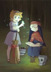 Rule 34 | 10s, 2girls, black hair, broom, dress, freckles, glasses, hairband, highres, little witch academia, long hair, lotte jansson, mother and daughter, multiple girls, open mouth, orange hair, parent and child, short hair, skirt, smile