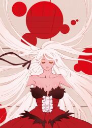 1girl bare_shoulders blonde_hair blood blood_on_ground breasts cleavage closed_eyes closed_mouth collarbone cover dress dvd_cover eyeshadow feather-trimmed_dress feather_trim hair_ribbon hair_spread_out highres kiss-shot_acerola-orion_heart-under-blade kizumonogatari large_breasts long_hair makeup monogatari_(series) official_art on_floor oshino_shinobu pointy_ears red_dress ribbon solo straight-on strapless strapless_dress tile_floor tiles upper_body vampire very_long_hair