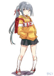 Rule 34 | 1girl, alternate costume, backpack, bag, black skirt, candy, clothes writing, commentary request, crime prevention buzzer, food, fuji (pixiv24804665), full body, grey hair, hair ribbon, hands in pockets, highres, holding, holding candy, holding food, holding lollipop, hood, hooded sweater, kantai collection, kasumi (kancolle), lollipop, long hair, looking at viewer, mouth hold, pleated skirt, randoseru, red footwear, red ribbon, ribbon, shoes, side ponytail, simple background, skirt, smile, sneakers, socks, solo, sweater, white background, white socks, yellow eyes, yellow sweater