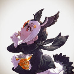 Rule 34 | 10s, 1girl, atlantic puffin (kemono friends), bird tail, bird wings, black hair, black jacket, black scarf, blonde hair, bright pupils, chips (food), eating, feathered wings, food, from side, gloves, head wings, highres, jacket, japari chips, kemono friends, long sleeves, md5 mismatch, multicolored hair, nose, open clothes, open jacket, potato chips, profile, realistic, red eyes, red hair, resolution mismatch, scarf, short hair, solo, source smaller, tail, takami masahiro, upper body, white gloves, white hair, white pupils, wings