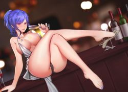 Rule 34 | 1girl, argyle, argyle clothes, argyle cutout, azur lane, backless dress, backless outfit, bare shoulders, barefoot, black panties, blue hair, blue nails, bottle, breasts, breasts apart, champagne flute, choco bear, clothing cutout, cup, dress, drinking glass, earrings, evening gown, feet, grey dress, halter dress, halterneck, highres, jewelry, large breasts, nail polish, no bra, panties, plunging neckline, revealing clothes, side ponytail, sidelocks, silver dress, silver footwear, st. louis (azur lane), st. louis (luxurious wheels) (azur lane), taut clothes, taut dress, thighs, underwear, wine bottle, wine glass