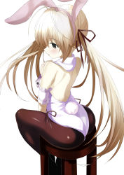 Rule 34 | 1girl, animal ears, arm garter, ass, back, bare shoulders, black pantyhose, black ribbon, blonde hair, brown eyes, commentary, detached collar, fake animal ears, from behind, hair ribbon, highres, kasugano sora, leotard, long hair, looking to the side, pantyhose, parted lips, playboy bunny, rabbit ears, rabbit tail, ribbon, shimejinameko, shiny clothes, shoulder blades, sitting, solo, stool, tail, twintails, white background, wrist cuffs, yosuga no sora