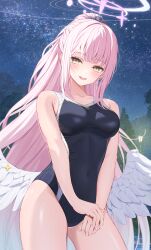 Rule 34 | 1girl, :d, angel wings, blue archive, breasts, covered navel, cowboy shot, halo, highres, lamppost, long hair, looking at viewer, low wings, medium breasts, mika (blue archive), night, night sky, norio (noriosub), one-piece swimsuit, open mouth, pink hair, sky, smile, solo, star (sky), starry sky, swimsuit, tree, very long hair, white wings, wings, yellow eyes