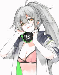 Rule 34 | 1girl, aek-999 (girls&#039; frontline), bra, breasts, cleavage, girls&#039; frontline, grey hair, grey jacket, headphones, headphones around neck, jacket, light blush, light smile, long hair, looking at viewer, medium breasts, open clothes, open jacket, open mouth, pink bra, ponytail, sleeves rolled up, solo, tarano (tsumugiko), underwear, upper body, white background, yellow eyes