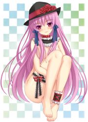 Rule 34 | 1girl, bad id, bad pixiv id, barefoot, bow, checkered background, feet, hat, long hair, nude, original, pink hair, purple eyes, smile, solo, thighs, toes, tonee, very long hair