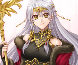 Rule 34 | 1girl, closed mouth, earrings, fire emblem, fire emblem: radiant dawn, fire emblem cipher, fur trim, hazuki (nyorosuke), holding, holding staff, jewelry, long hair, micaiah (fire emblem), nintendo, silver hair, simple background, solo, staff, upper body, white background, yellow eyes