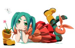 Rule 34 | 1girl, aqua hair, black thighhighs, blush, boots, bug, butterfly, closed mouth, crossed legs, dress, feet up, flower, forehead, googly eyes, gradient dress, green eyes, green thighhighs, highres, insect, long hair, lying, monogatari (series), no shoes, non-web source, official art, on stomach, ononoki yotsugi, orange dress, orange headwear, pink flower, red dress, rubber boots, shadow, short eyebrows, sidelocks, simple background, soles, solo, striped clothes, striped thighhighs, the pose, thick eyebrows, thighhighs, toes, twintails, unworn boots, unworn headwear, watanabe akio, white background