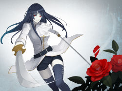 Rule 34 | 1girl, ascot, belt, black thighhighs, damegane, dual wielding, flower, gintama, highres, hime cut, hitori doumei, holding, imai nobume, long hair, looking at viewer, red eyes, shorts, solo, sword, thighhighs, weapon