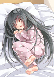 Rule 34 | 1girl, barefoot, bed, black hair, child, creek (moon-sky), artistic error, fang, feet, fetal position, highres, long hair, lying, on side, open mouth, original, pajamas, pillow, sleeping, soles, solo, toes, very long hair, wrong foot, youjo (creek (moon-sky))