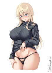 Rule 34 | 1girl, aqua eyes, bismarck (kancolle), black panties, black sweater, blonde hair, blush, breasts, clothes lift, cowboy shot, crotch, ebifurya, highres, kantai collection, large breasts, lifting own clothes, long hair, looking at viewer, one-hour drawing challenge, panties, partially visible vulva, ribbed sweater, simple background, solo, stomach, sweat, sweatdrop, sweater, sweater lift, turtleneck, turtleneck sweater, twitter username, underwear, white background