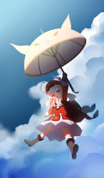 Rule 34 | 1girl, :d, absurdres, ahoge, arm up, bloomers, blue sky, blurry, boots, brown footwear, brown gloves, brown scarf, cabbie hat, cloud, cloudy sky, clover print, coat, commentary request, depth of field, falling, full body, genshin impact, gloves, hair between eyes, hat, hat feather, hat ornament, highres, holding, holding umbrella, jumpy dumpty, klee (genshin impact), knee boots, kneehighs, light brown hair, long hair, long sleeves, looking at viewer, low twintails, open mouth, outstretched arms, pocket, pointy ears, qixia, red coat, red eyes, red hat, scarf, sidelocks, sky, smile, socks, solo, spread arms, spread legs, twintails, umbrella, underwear