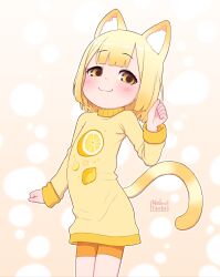 Rule 34 | 1girl, :3, animal ear fluff, animal ears, arm at side, artist name, blonde hair, blunt bangs, blush, cat ears, cat girl, cat tail, child, clenched hands, closed mouth, commentary, cowboy shot, english commentary, flat chest, hand up, highres, lemon print, long sleeves, medium hair, orange shorts, original, pinkbunnyjuice, print sweater, shorts, solo, striped tail, sweater, tail, turtleneck, turtleneck sweater, yellow eyes, yellow tail